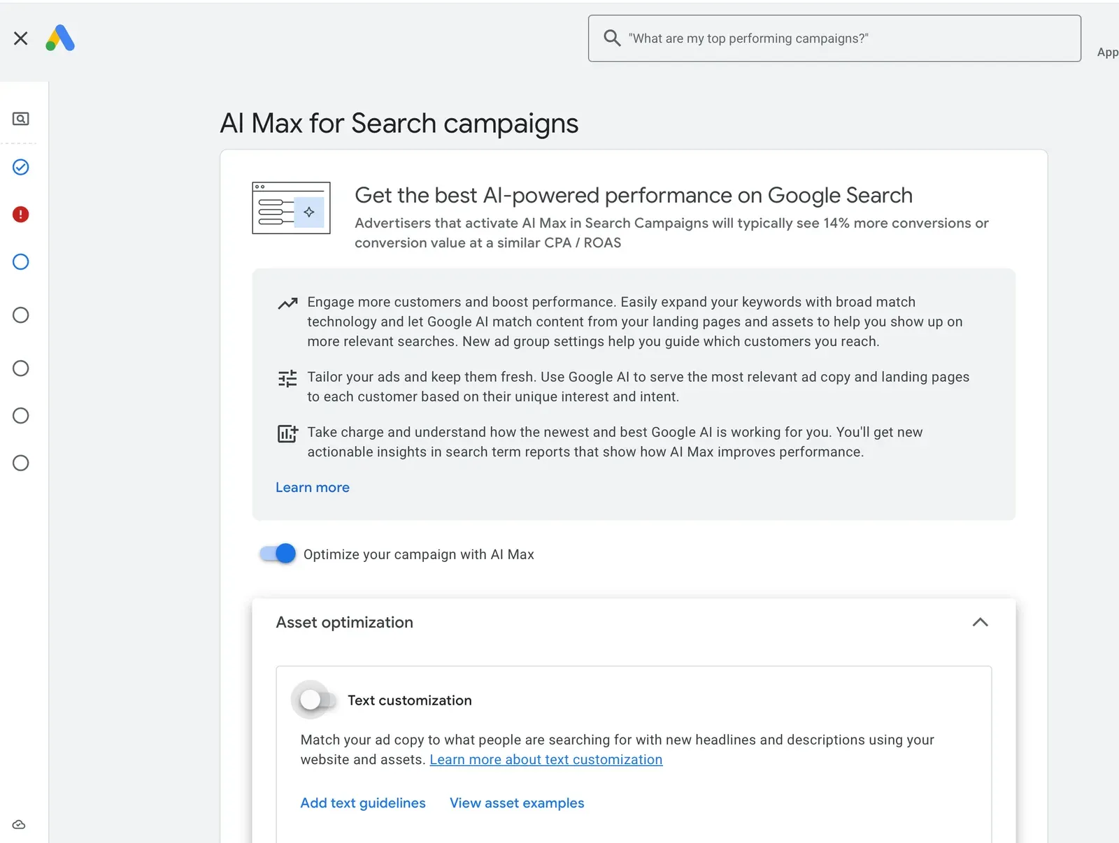 The AI Max for Search campaigns setup screen with Google's claim of 14% more conversions and the toggle to optimize the campaign with AI Max